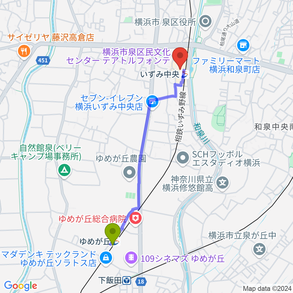 ゆめが丘駅から横浜市泉区民文化センター テアトルフォンテへのルートマップ地図