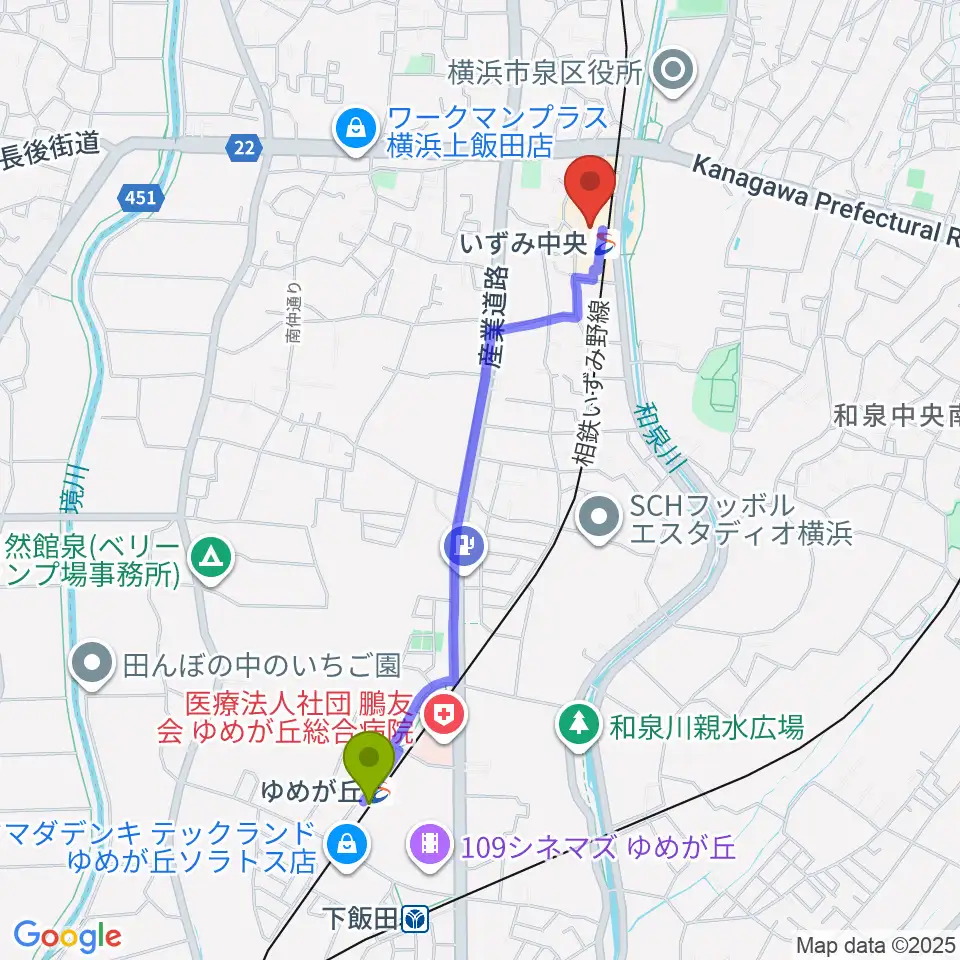 ゆめが丘駅から横浜市泉区民文化センター テアトルフォンテへのルートマップ地図