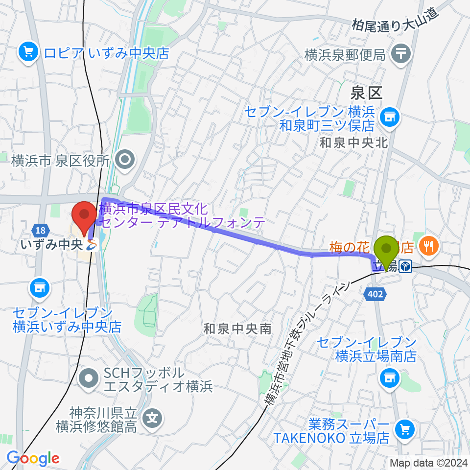 立場駅から横浜市泉区民文化センター テアトルフォンテへのルートマップ地図