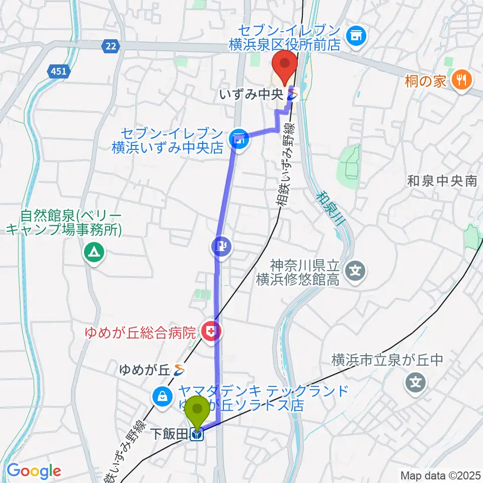 下飯田駅から横浜市泉区民文化センター テアトルフォンテへのルートマップ地図