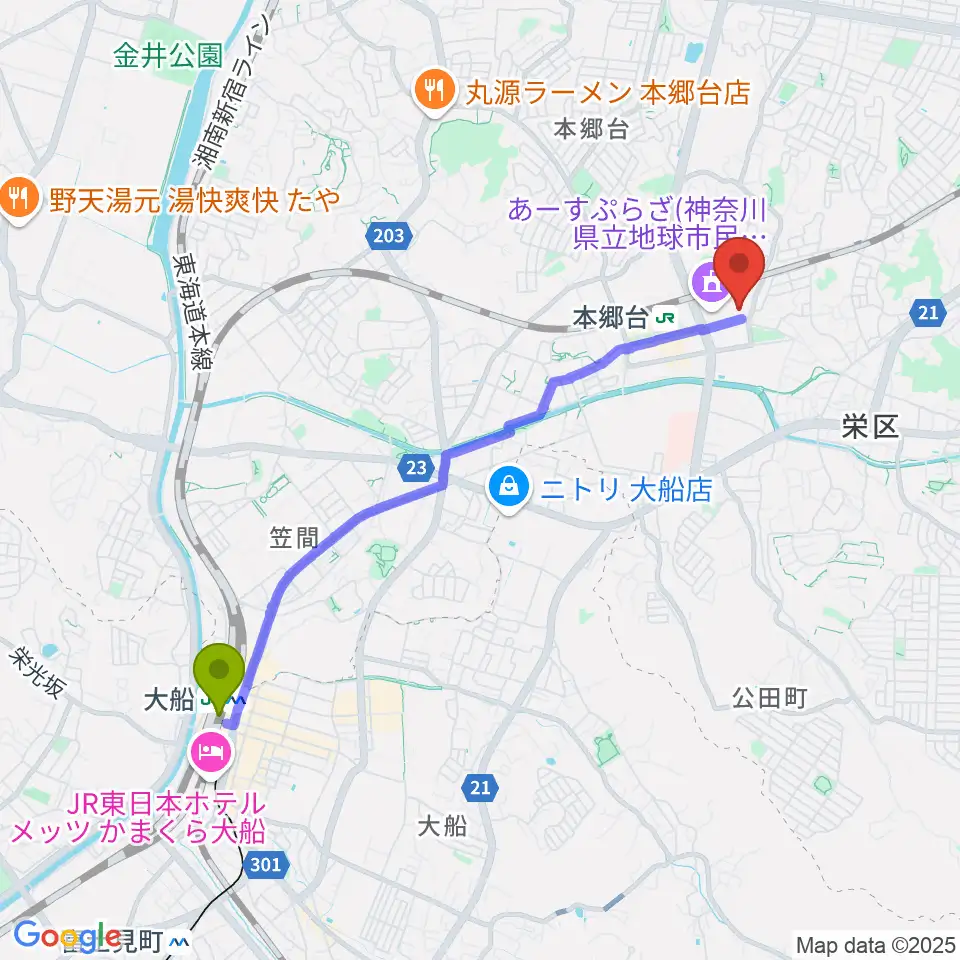 大船駅から横浜市栄区民文化センター リリスへのルートマップ地図