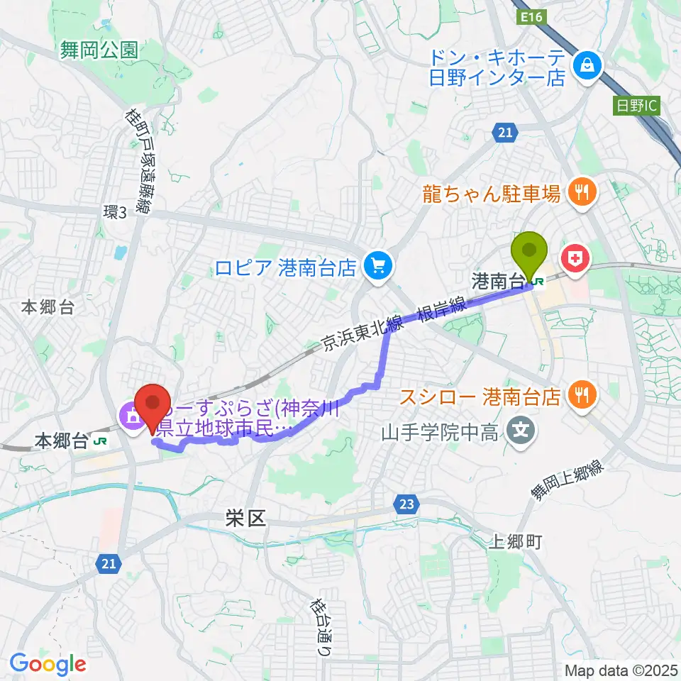 港南台駅から横浜市栄区民文化センター リリスへのルートマップ地図