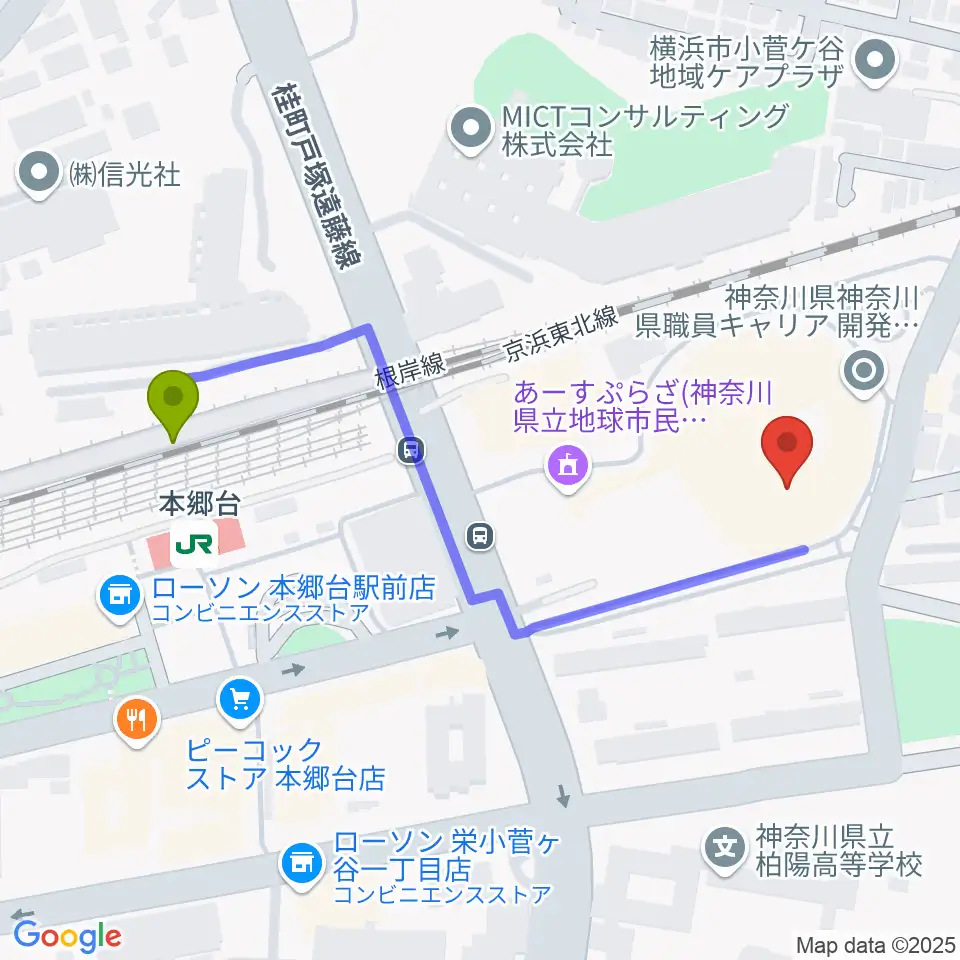 横浜市栄区民文化センター リリスの最寄駅本郷台駅からの徒歩ルート（約5分）地図