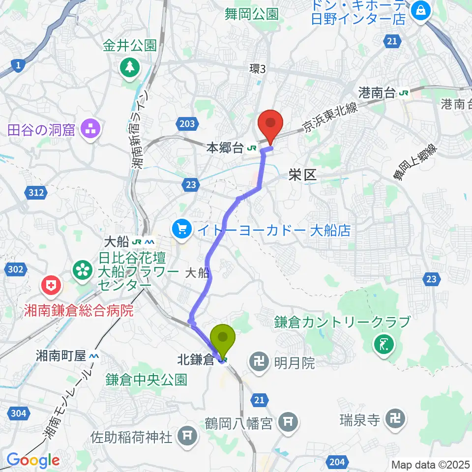 北鎌倉駅から横浜市栄区民文化センター リリスへのルートマップ地図