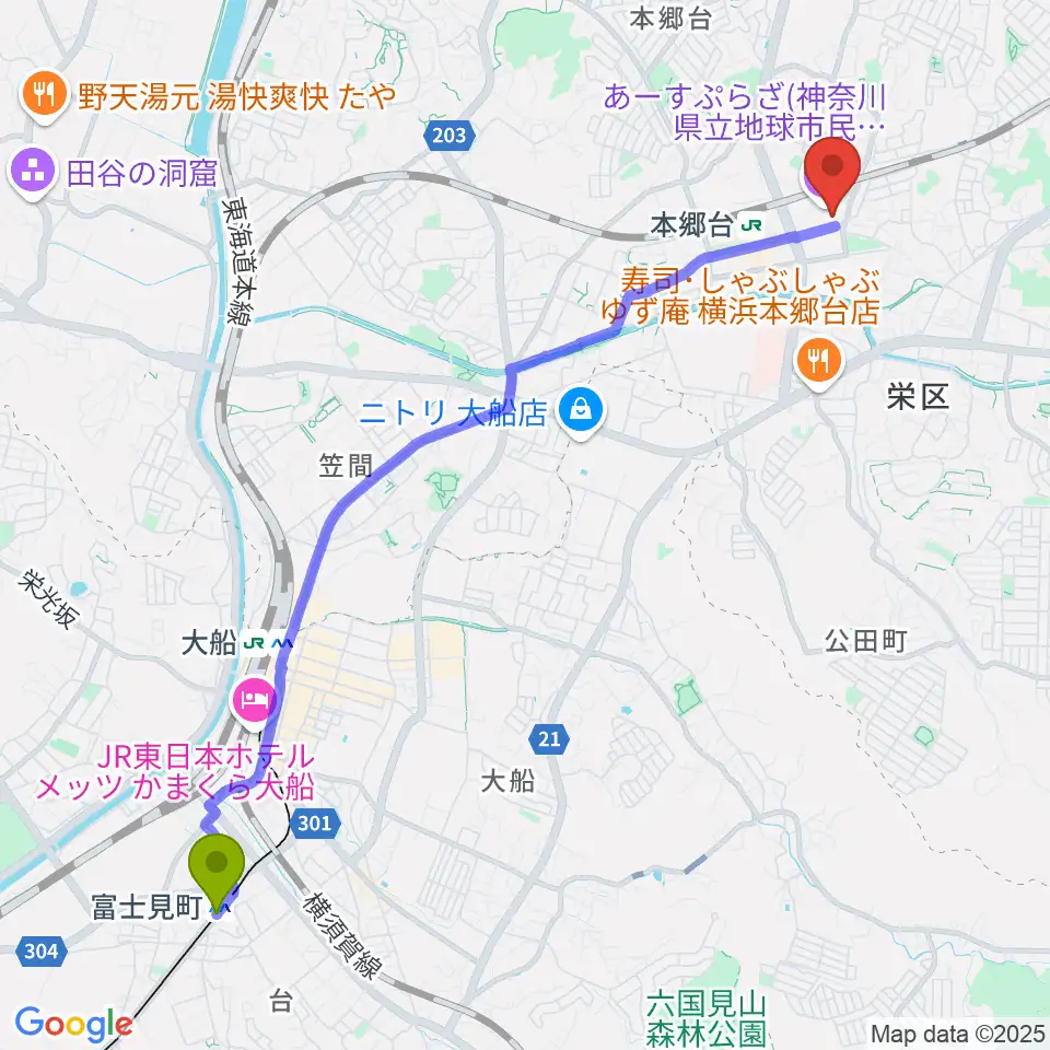 富士見町駅から横浜市栄区民文化センター リリスへのルートマップ地図