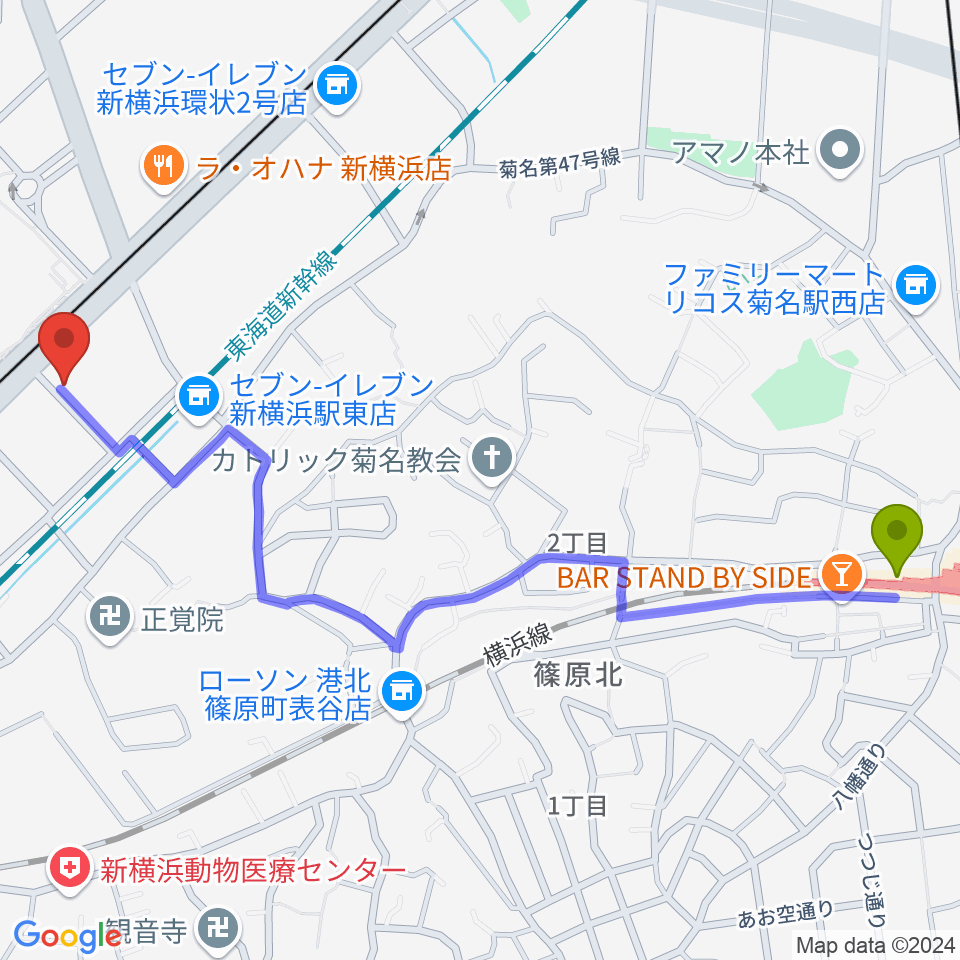 菊名駅から新横浜LiTへのルートマップ地図