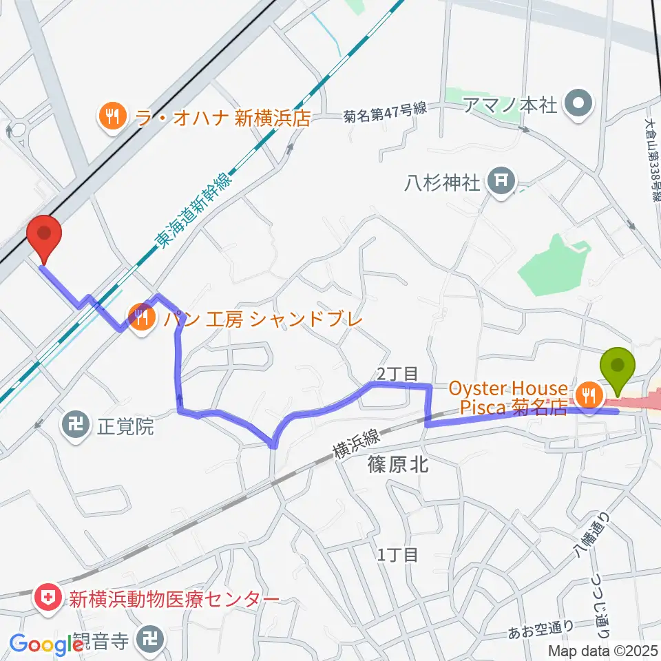 菊名駅から新横浜LiTへのルートマップ地図