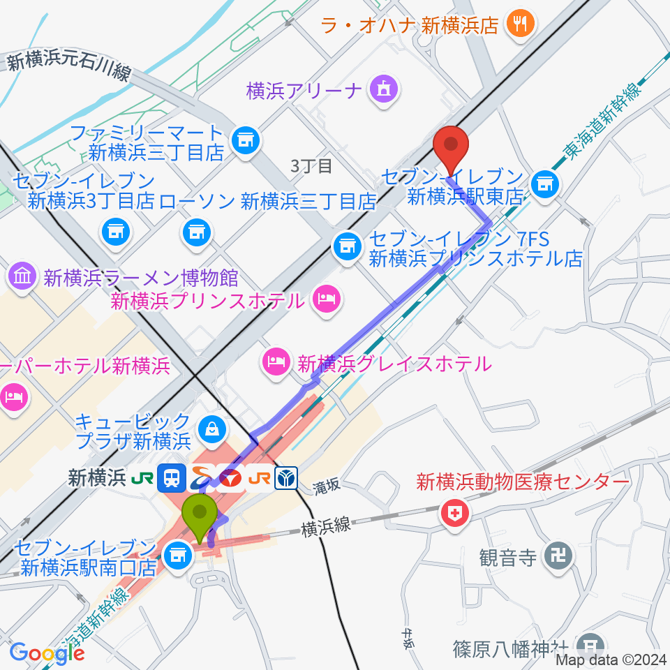 新横浜LiTの最寄駅新横浜駅からの徒歩ルート（約10分）地図