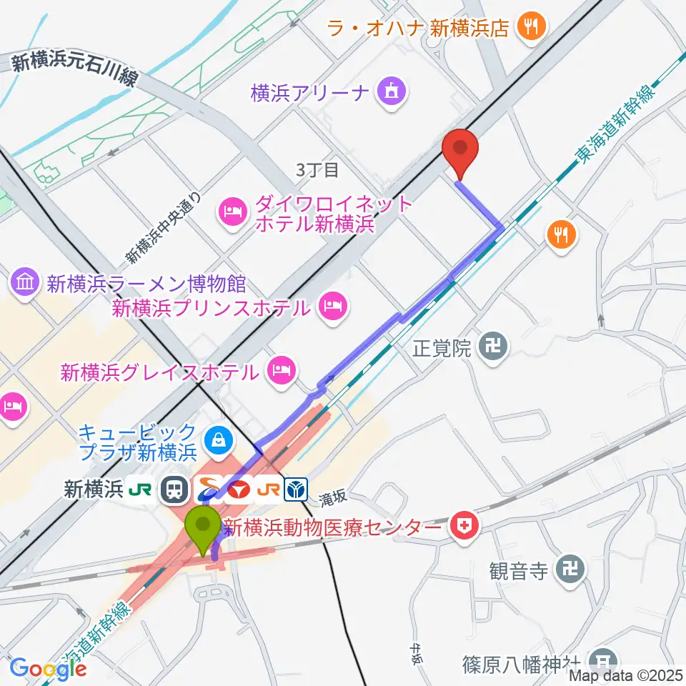 新横浜LiTの最寄駅新横浜駅からの徒歩ルート（約10分）地図