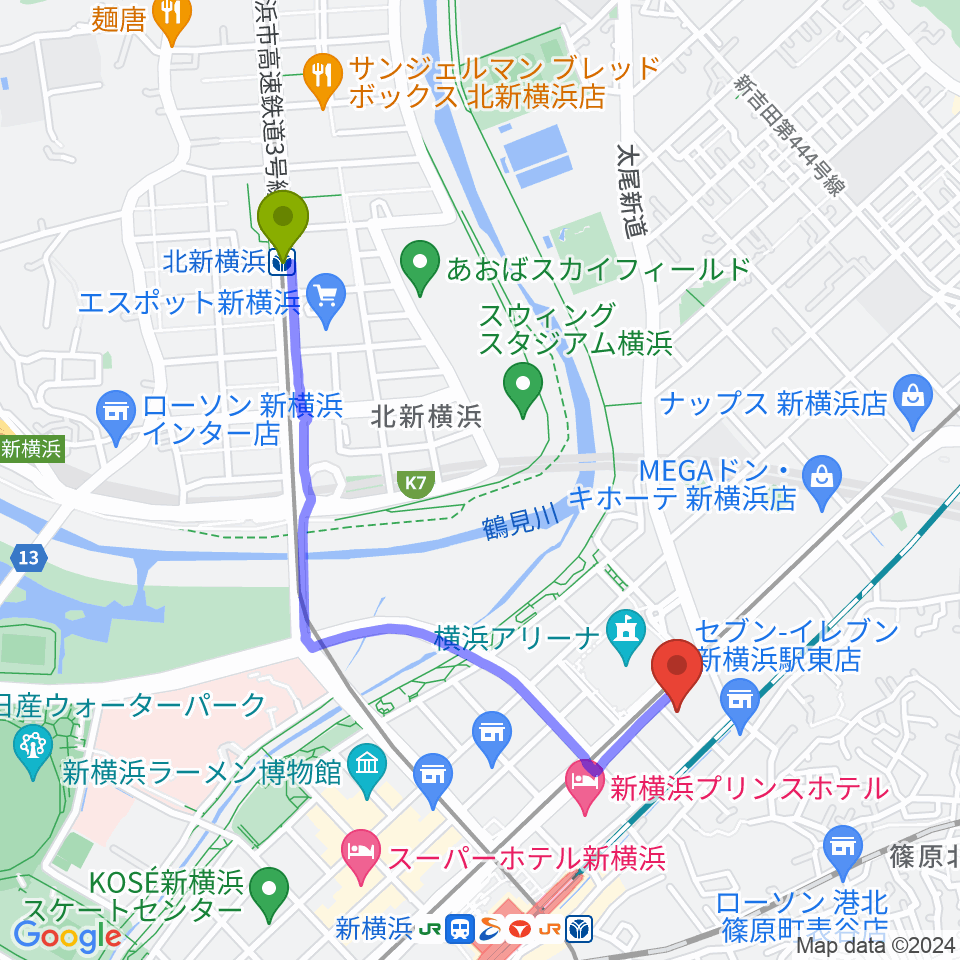 北新横浜駅から新横浜LiTへのルートマップ地図