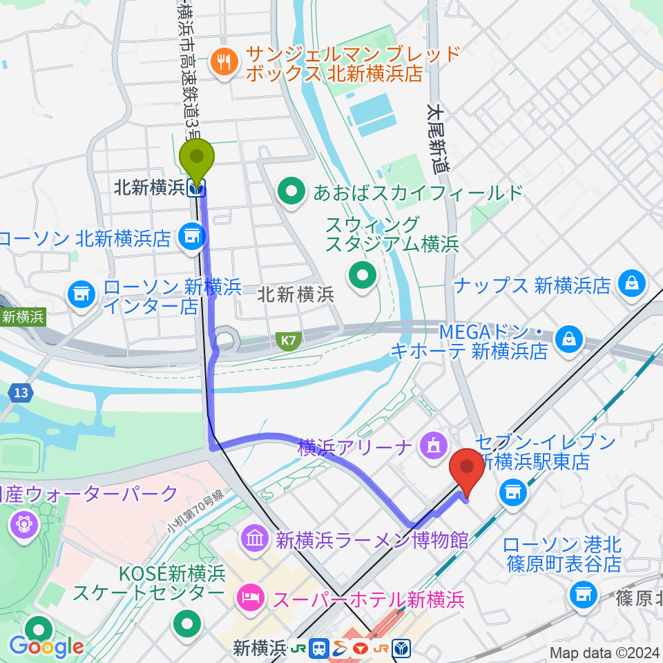 北新横浜駅から新横浜LiTへのルートマップ地図