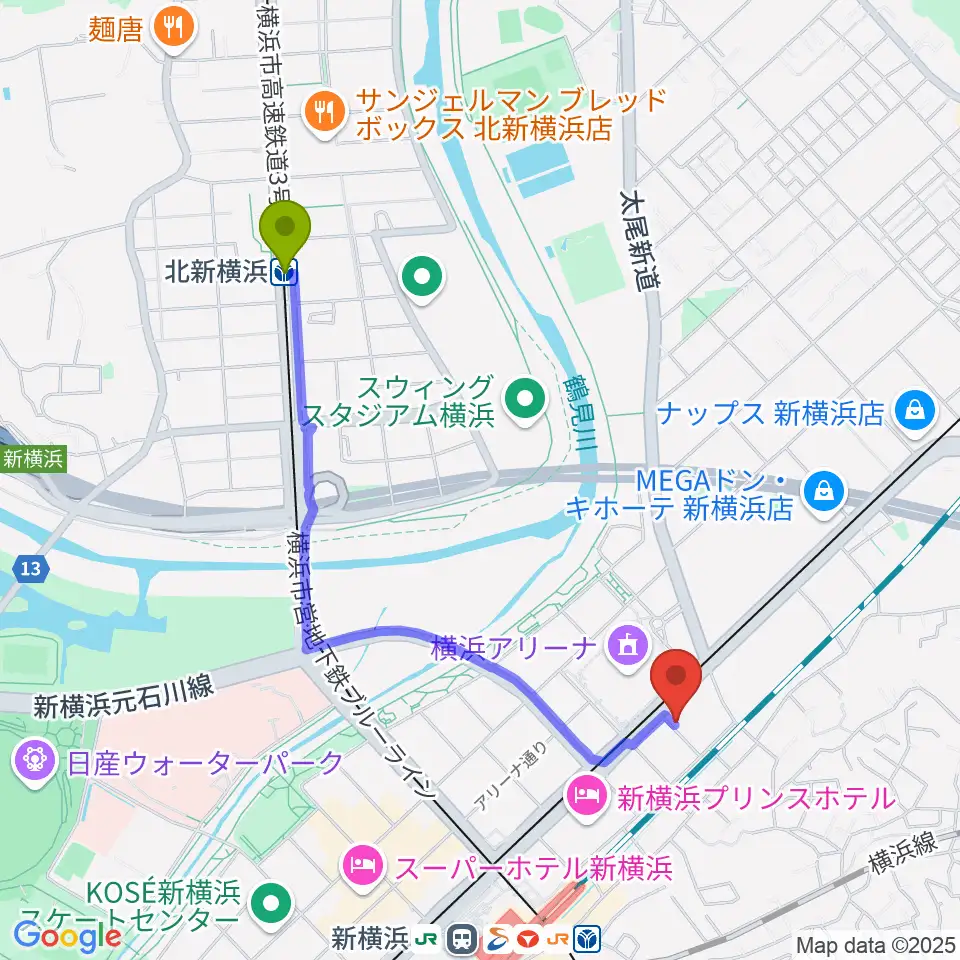 北新横浜駅から新横浜LiTへのルートマップ地図