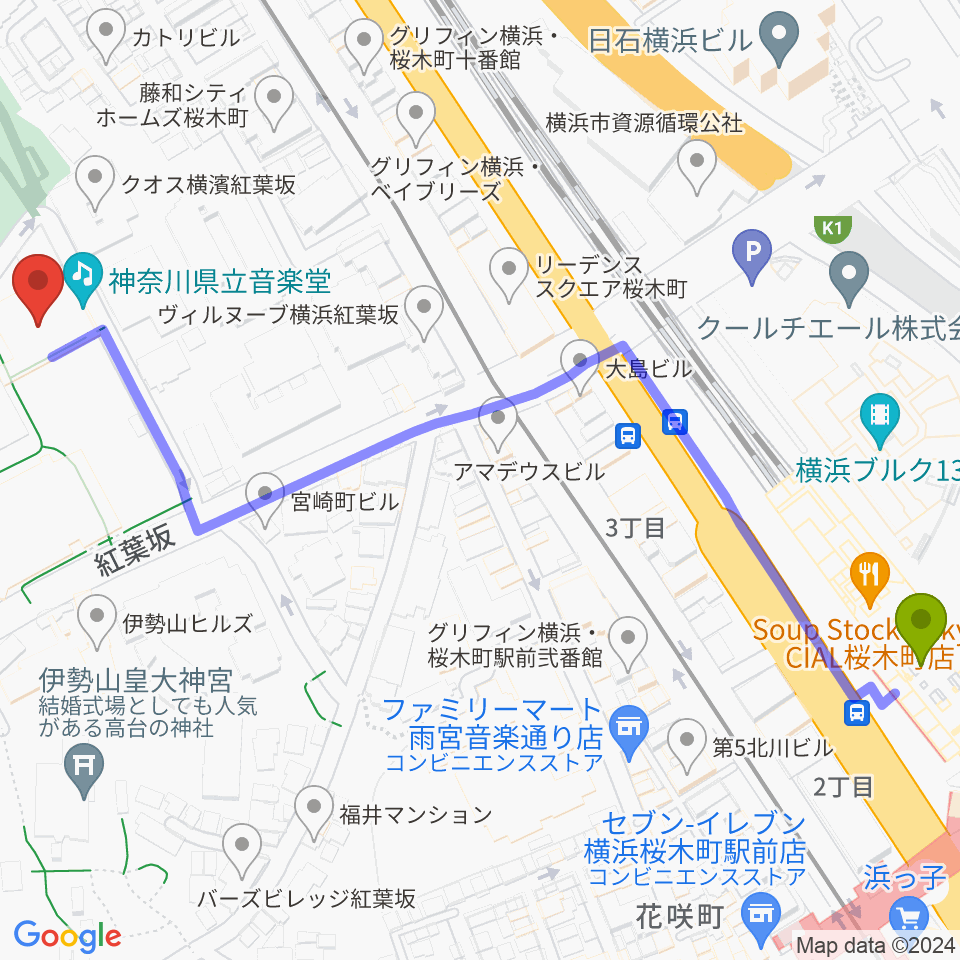 神奈川県立音楽堂の最寄駅桜木町駅からの徒歩ルート（約8分）地図