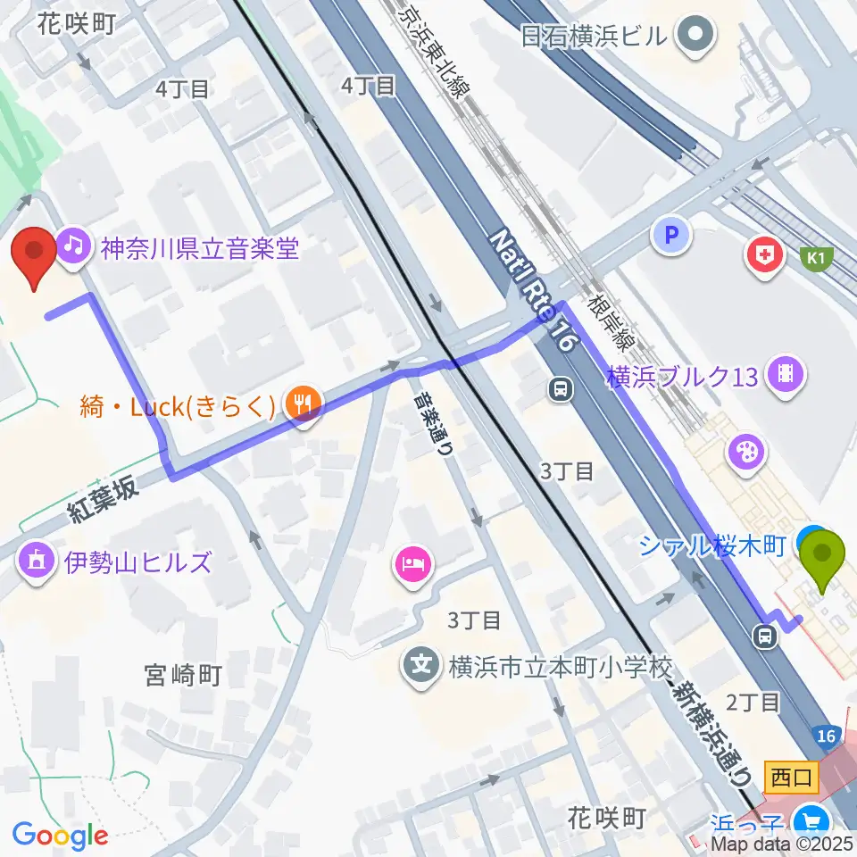 神奈川県立音楽堂の最寄駅桜木町駅からの徒歩ルート（約8分）地図