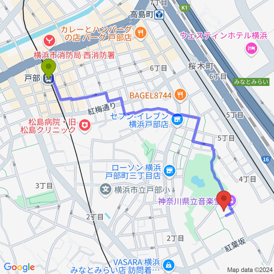 戸部駅から神奈川県立音楽堂へのルートマップ地図