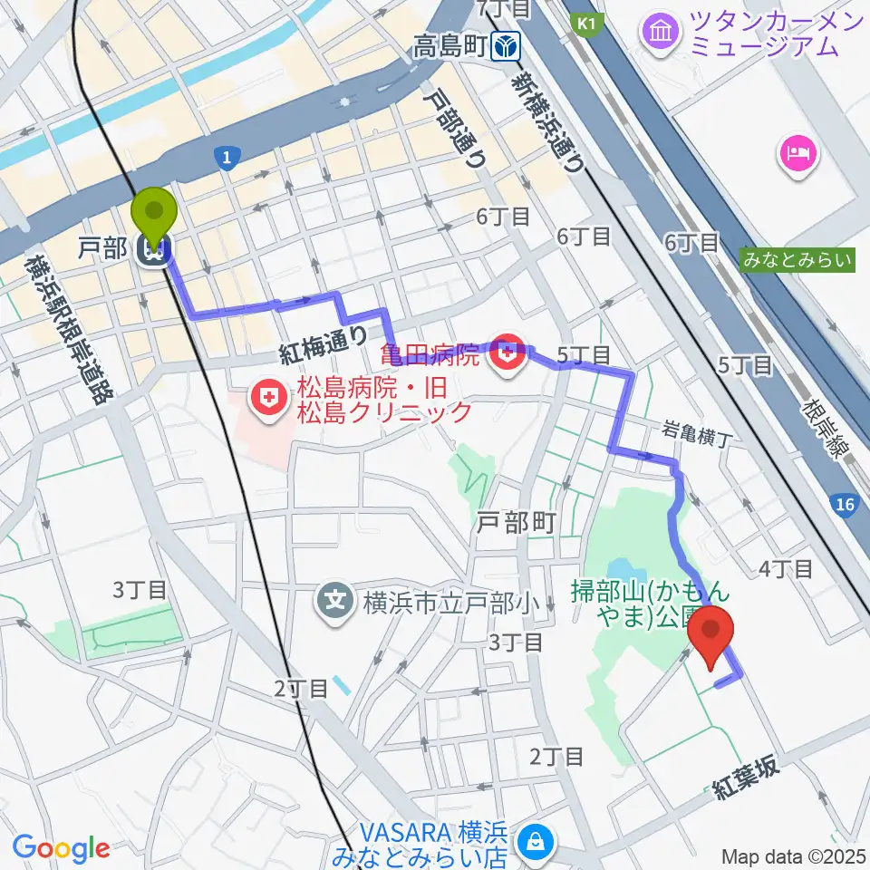戸部駅から神奈川県立音楽堂へのルートマップ地図