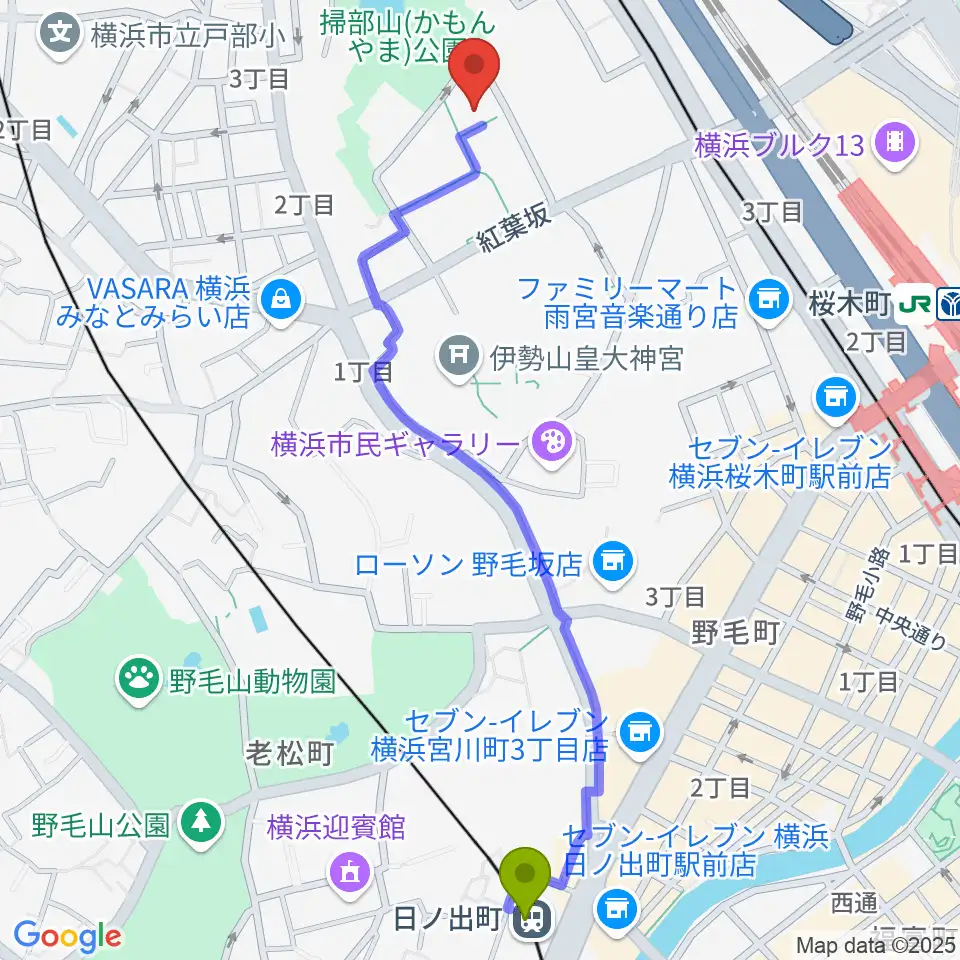 日ノ出町駅から神奈川県立音楽堂へのルートマップ地図