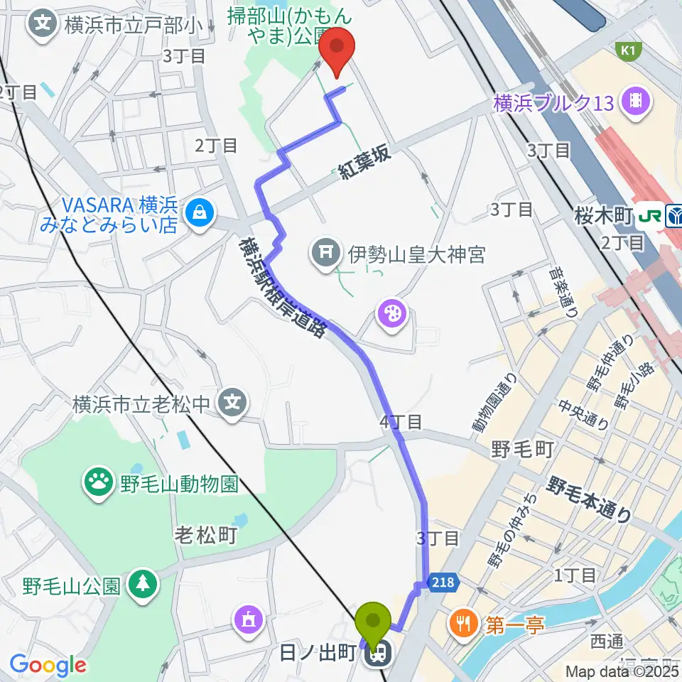 日ノ出町駅から神奈川県立音楽堂へのルートマップ地図