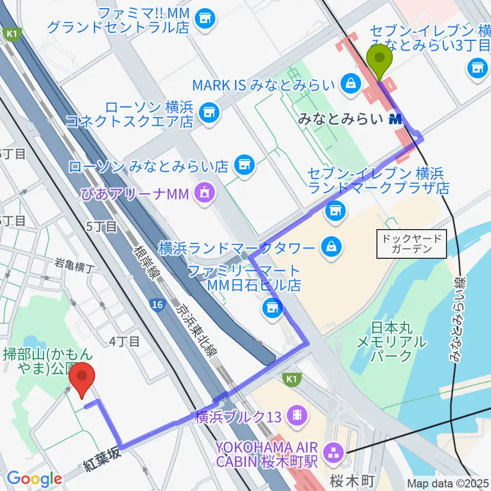みなとみらい駅から神奈川県立音楽堂へのルートマップ地図