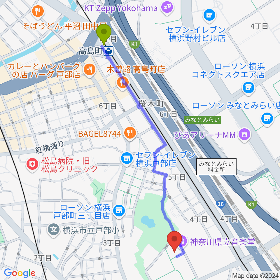 高島町駅から神奈川県立音楽堂へのルートマップ地図