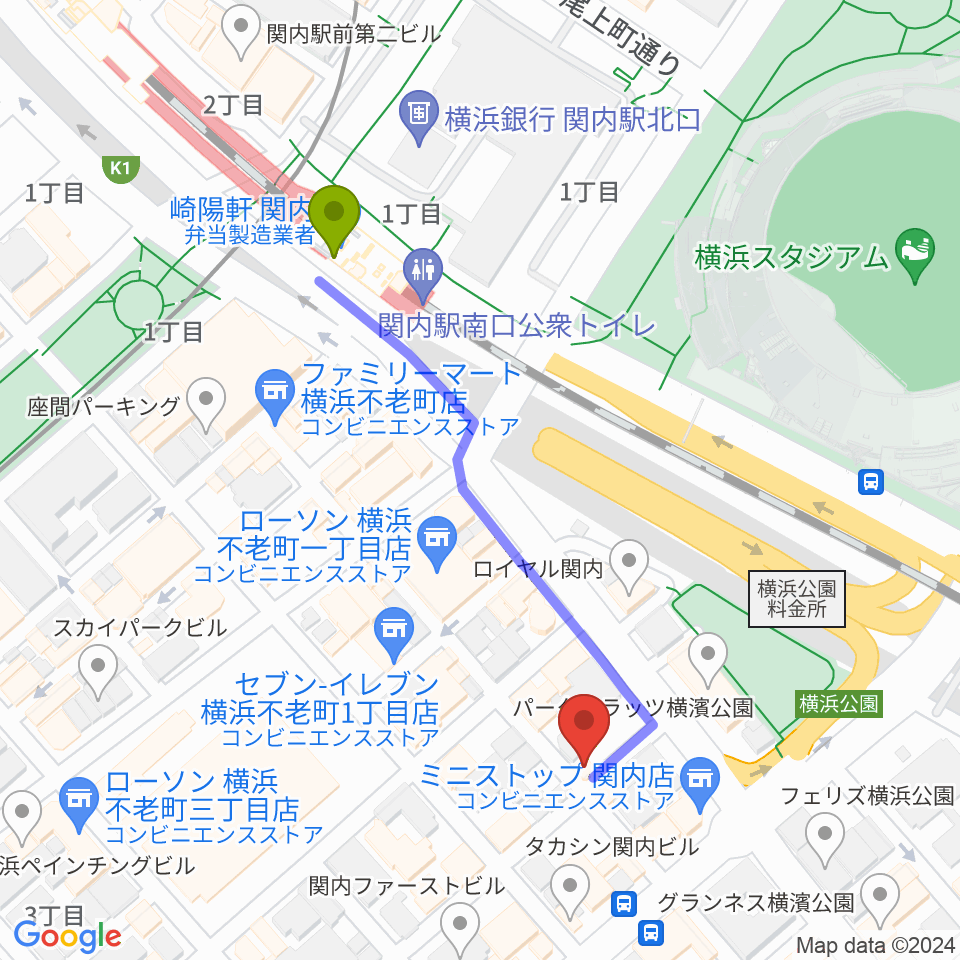STORMY MONDAYの最寄駅関内駅からの徒歩ルート（約5分）地図