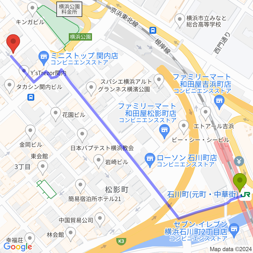 石川町駅からSTORMY MONDAYへのルートマップ地図