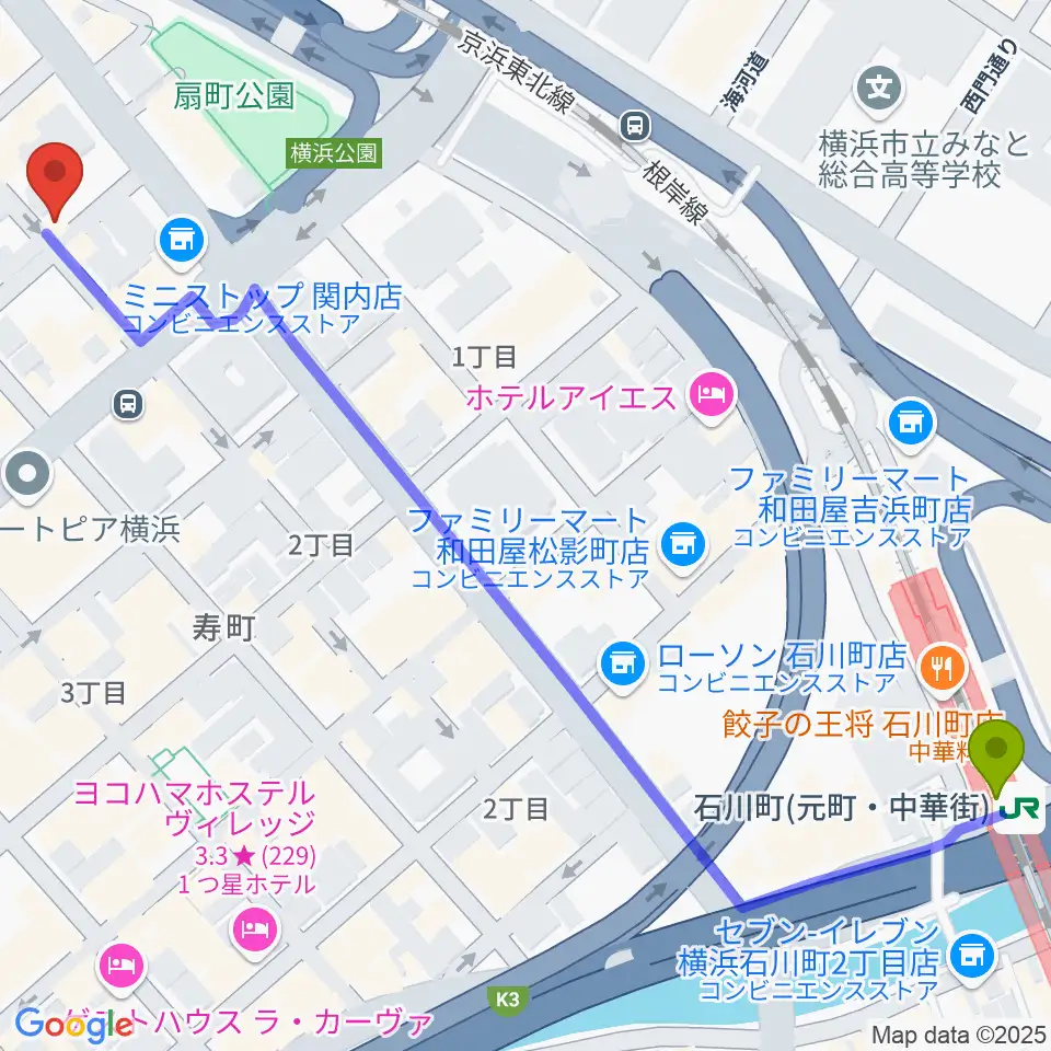 石川町駅からSTORMY MONDAYへのルートマップ地図