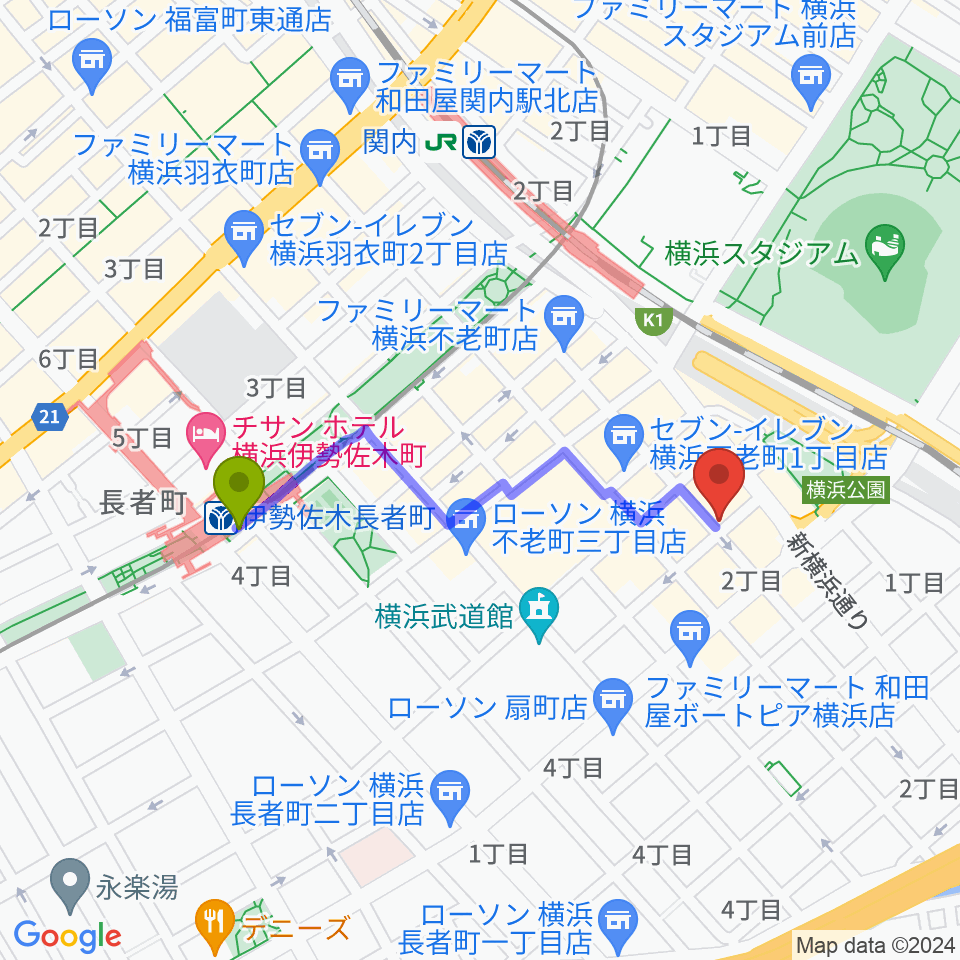 伊勢佐木長者町駅からSTORMY MONDAYへのルートマップ地図
