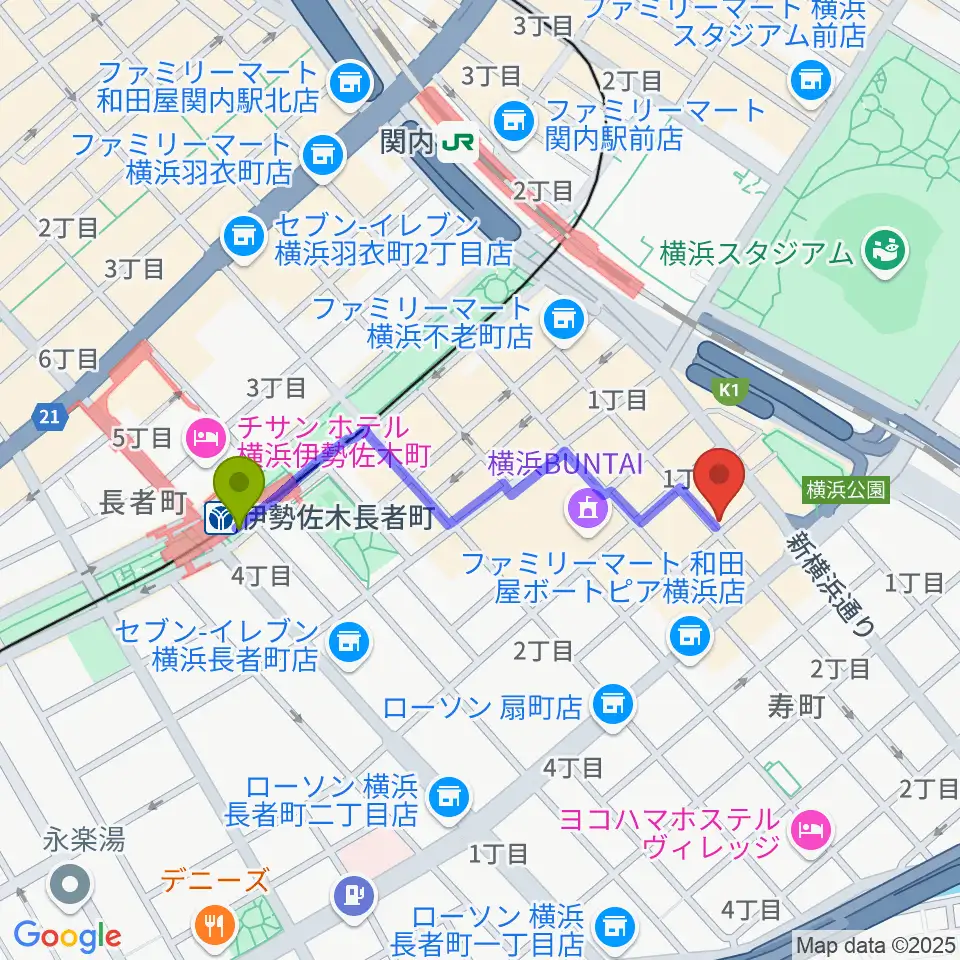 伊勢佐木長者町駅からSTORMY MONDAYへのルートマップ地図