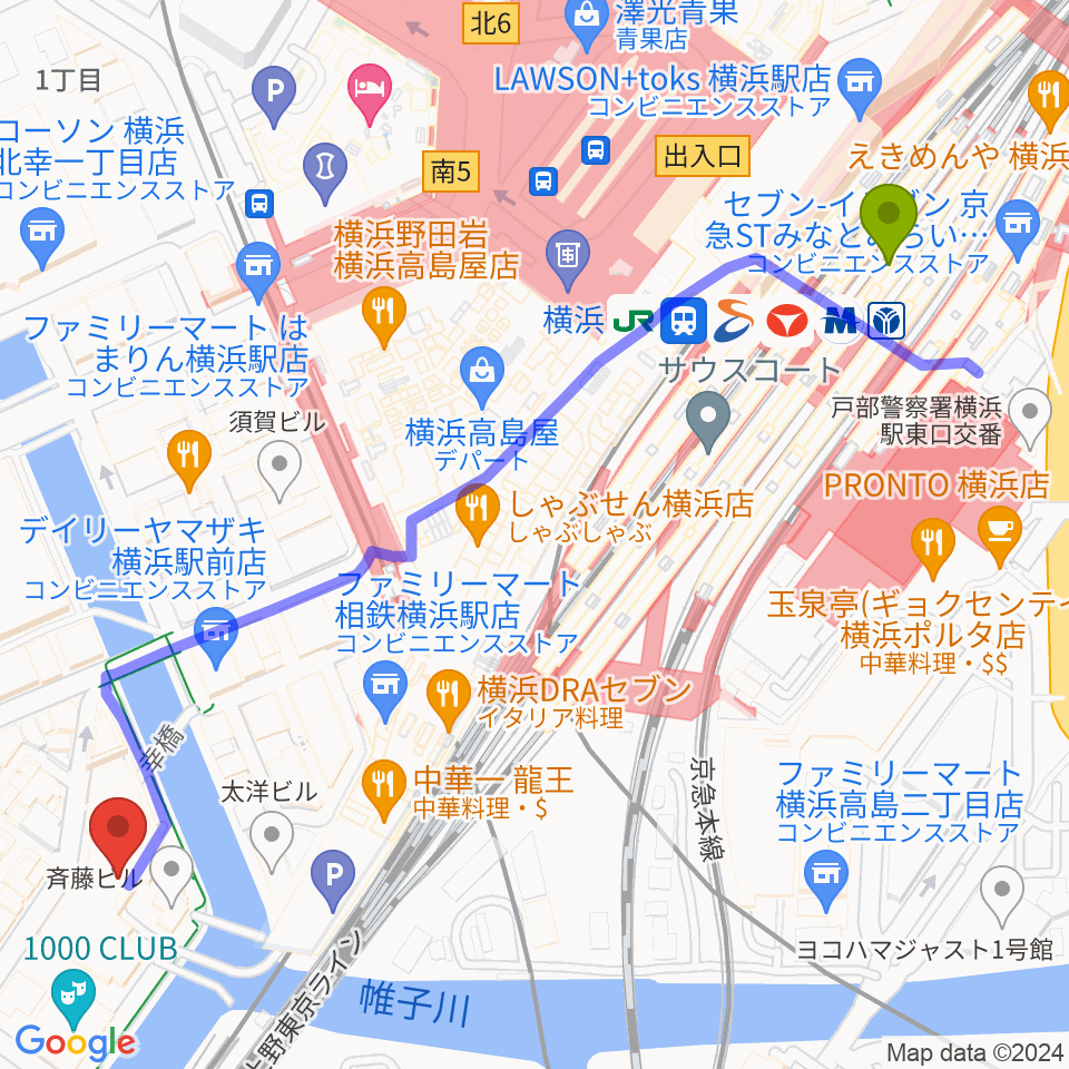 横浜駅から横浜サムズアップへのルートマップ地図