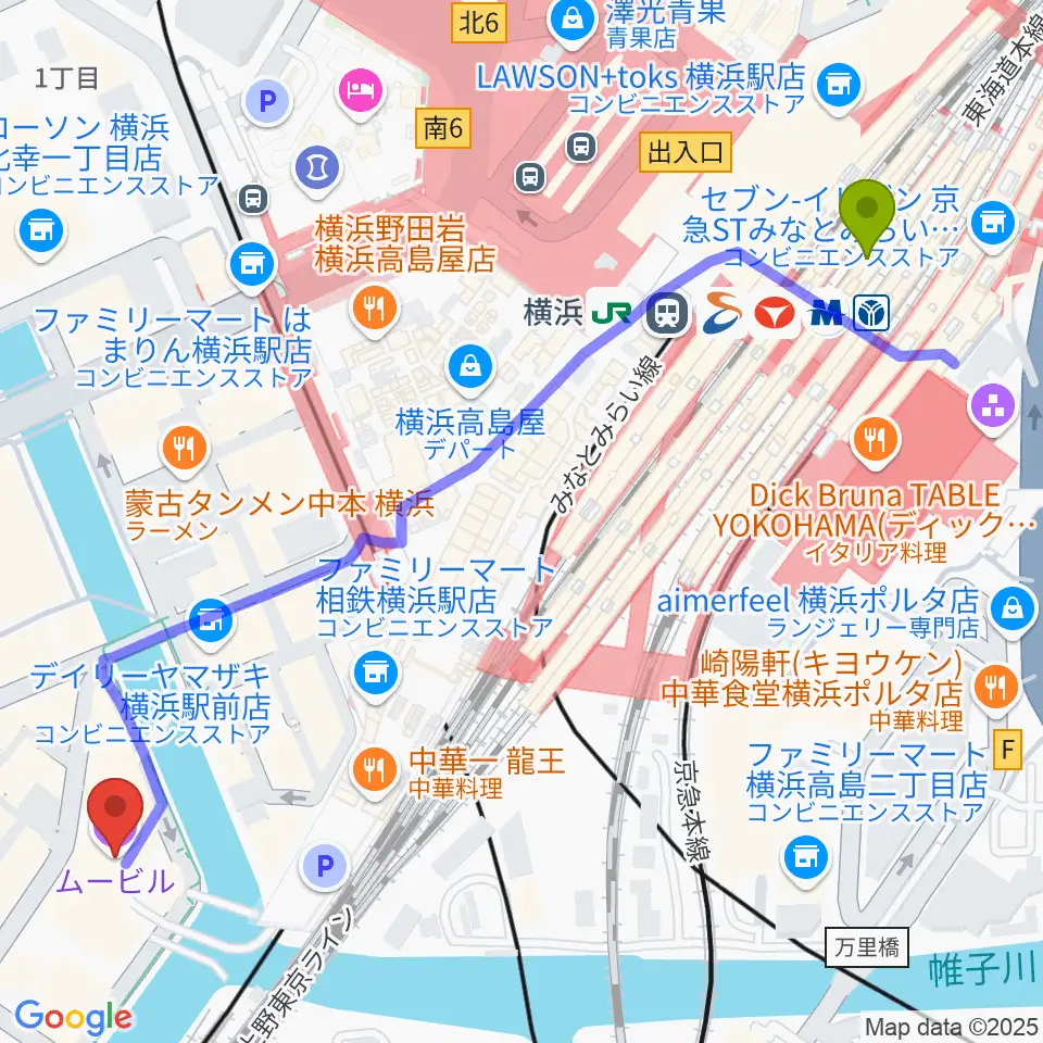 横浜駅から横浜サムズアップへのルートマップ地図