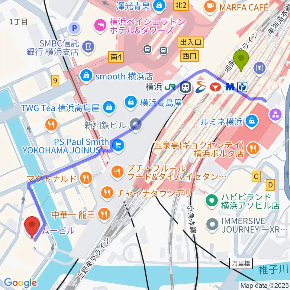 横浜駅から横浜サムズアップへのルートマップ地図