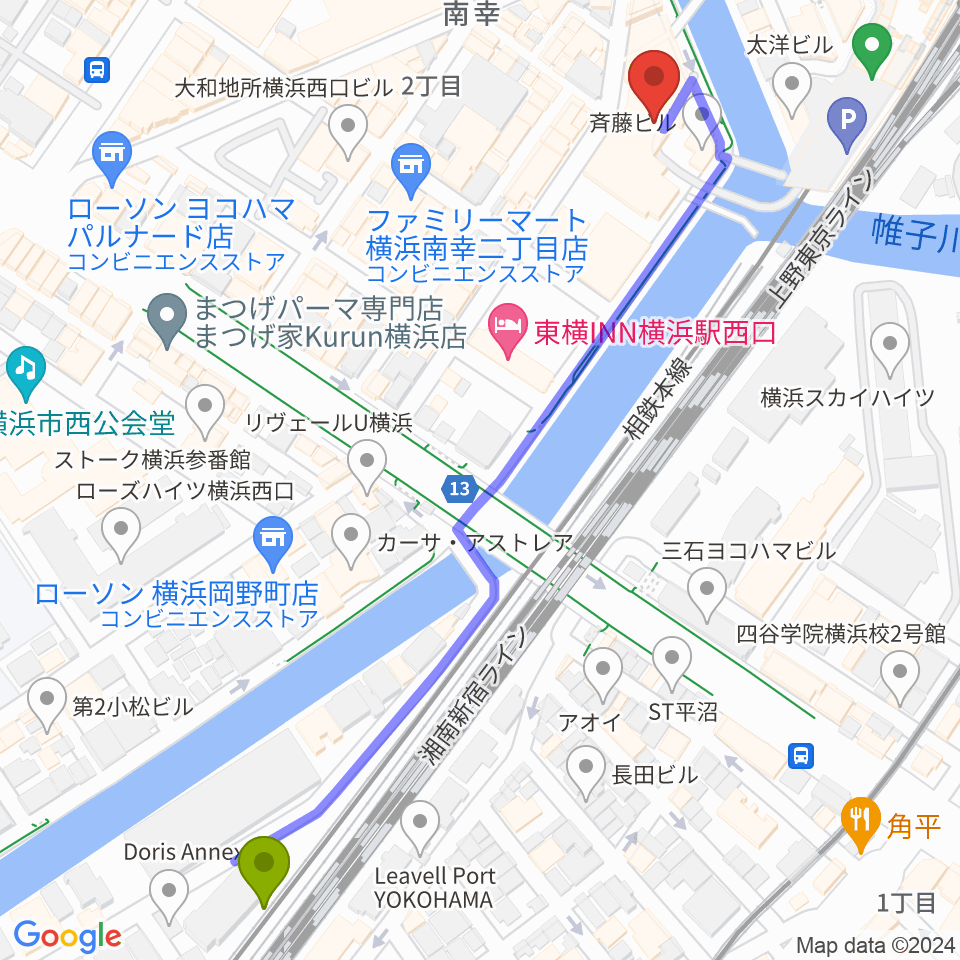 横浜サムズアップの最寄駅平沼橋駅からの徒歩ルート（約7分）地図