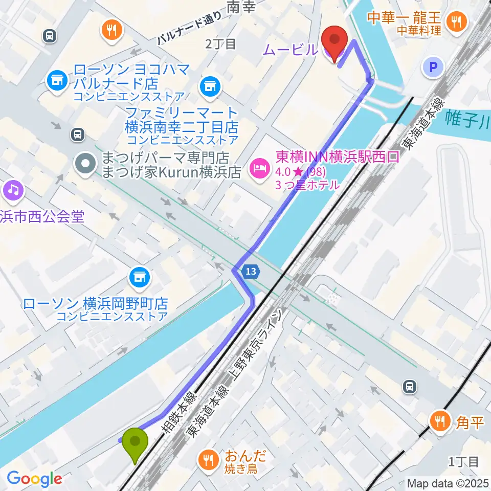 横浜サムズアップの最寄駅平沼橋駅からの徒歩ルート（約7分）地図