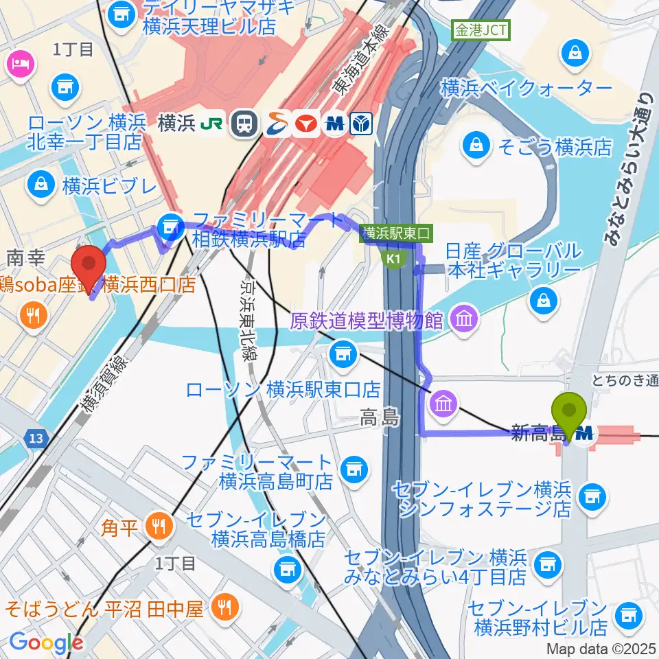 新高島駅から横浜サムズアップへのルートマップ地図