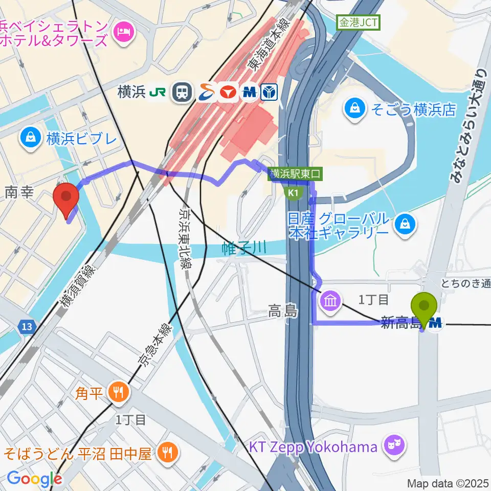 新高島駅から横浜サムズアップへのルートマップ地図