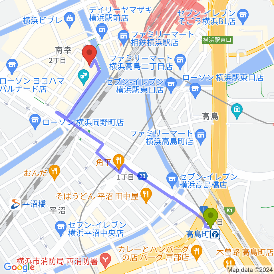 高島町駅から横浜サムズアップへのルートマップ地図