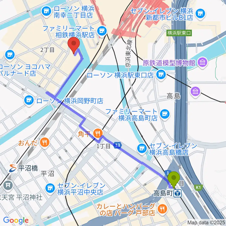 高島町駅から横浜サムズアップへのルートマップ地図