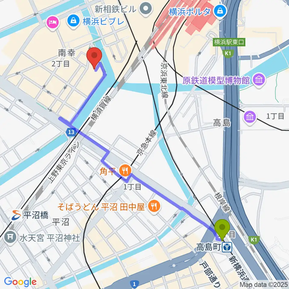 高島町駅から横浜サムズアップへのルートマップ地図
