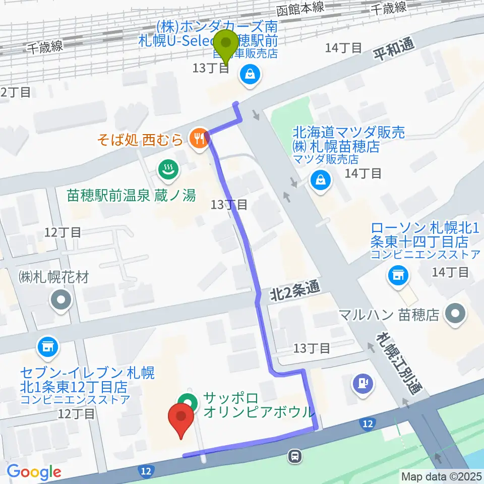 スタジオマグナムの最寄駅苗穂駅からの徒歩ルート（約5分）地図