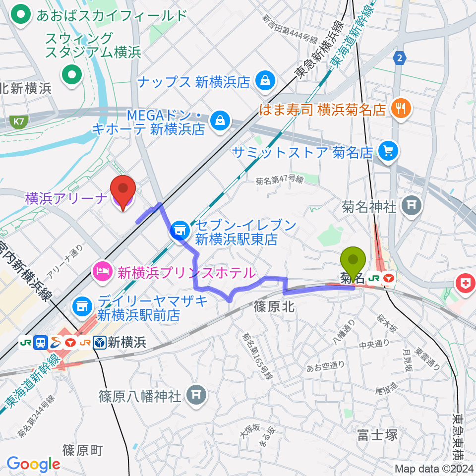 菊名駅から横浜アリーナへのルートマップ地図