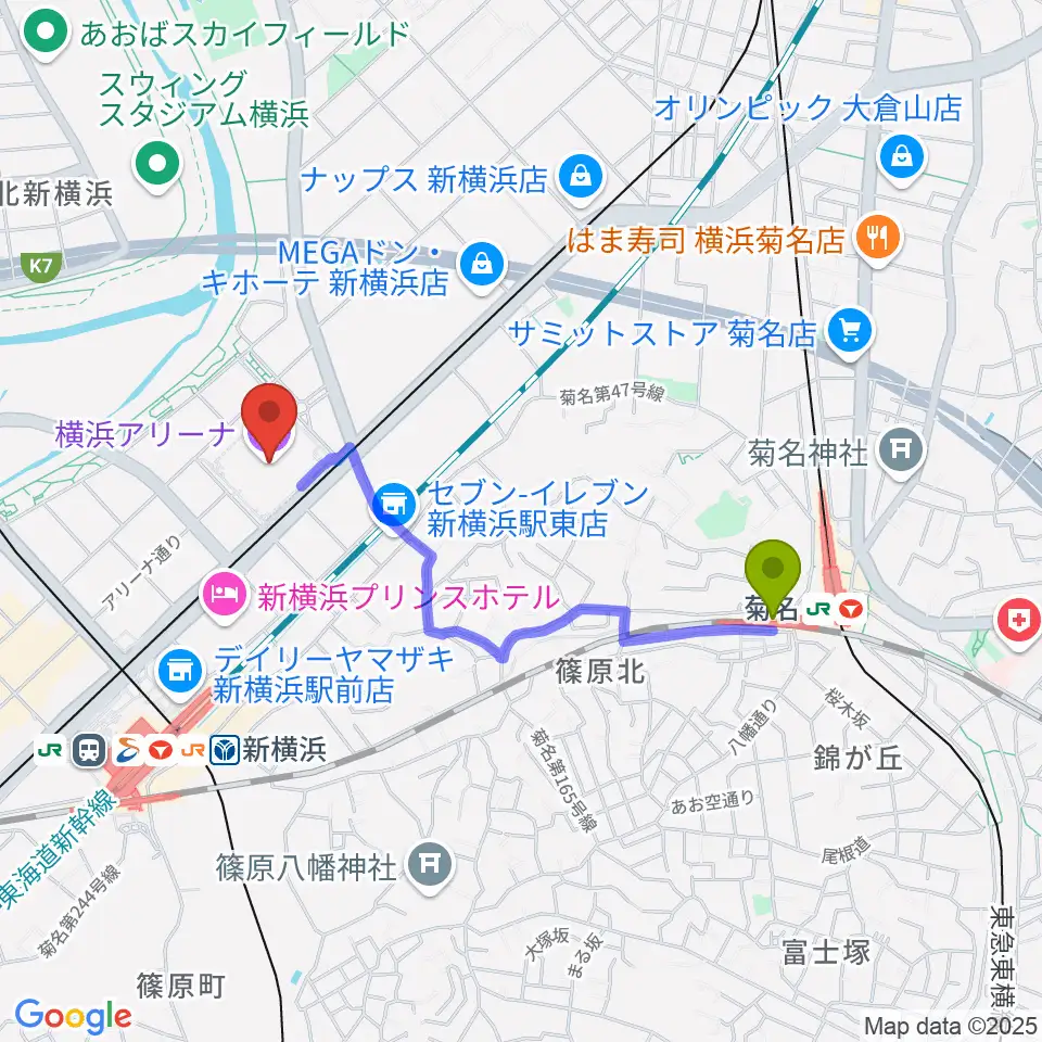 菊名駅から横浜アリーナへのルートマップ地図