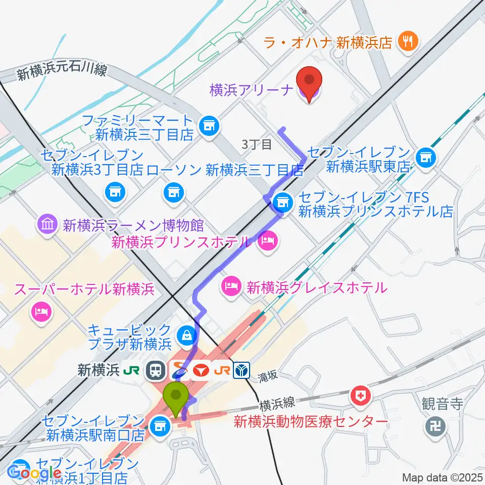 横浜アリーナの最寄駅新横浜駅からの徒歩ルート（約11分）地図