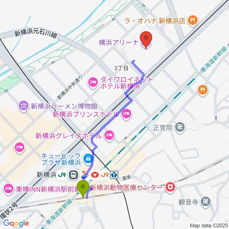 横浜アリーナの最寄駅新横浜駅からの徒歩ルート（約11分）地図