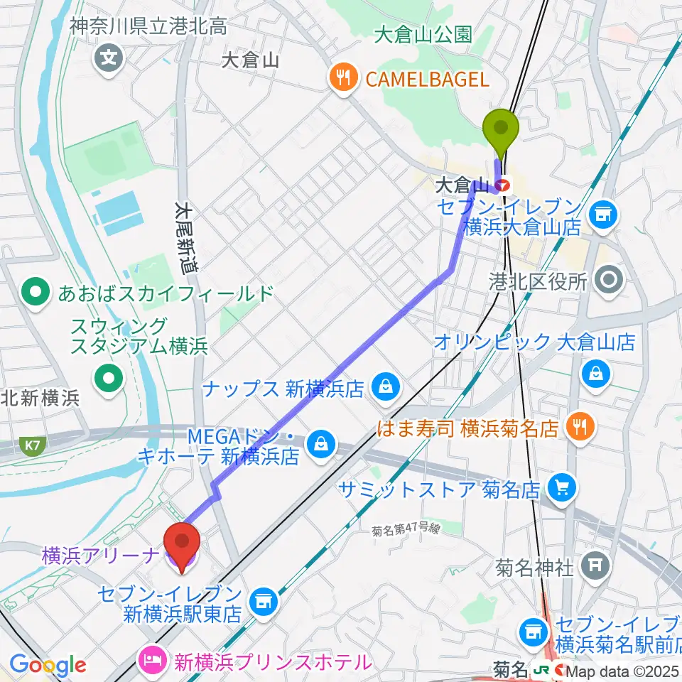 大倉山駅から横浜アリーナへのルートマップ地図