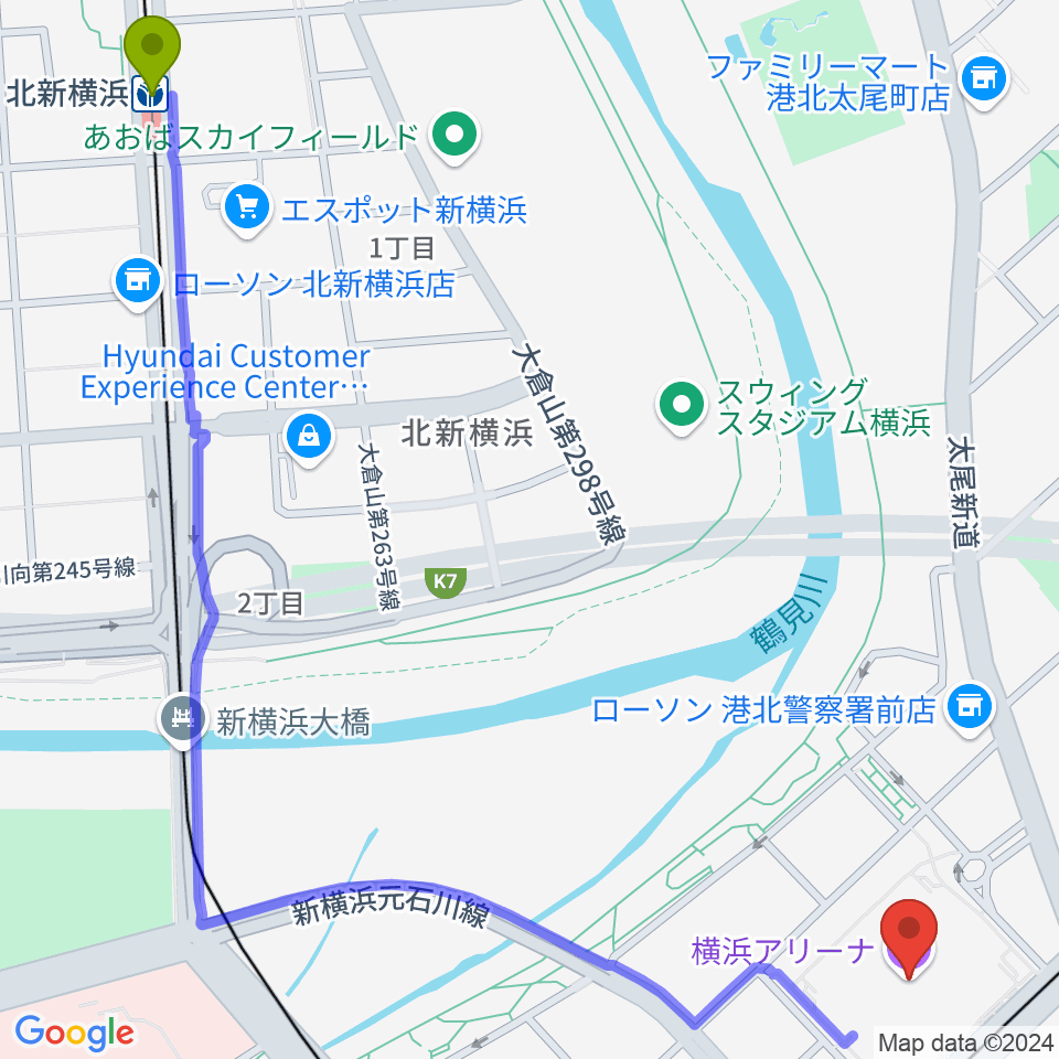 北新横浜駅から横浜アリーナへのルートマップ地図