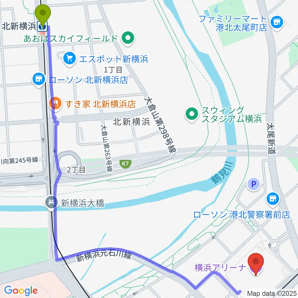 北新横浜駅から横浜アリーナへのルートマップ地図