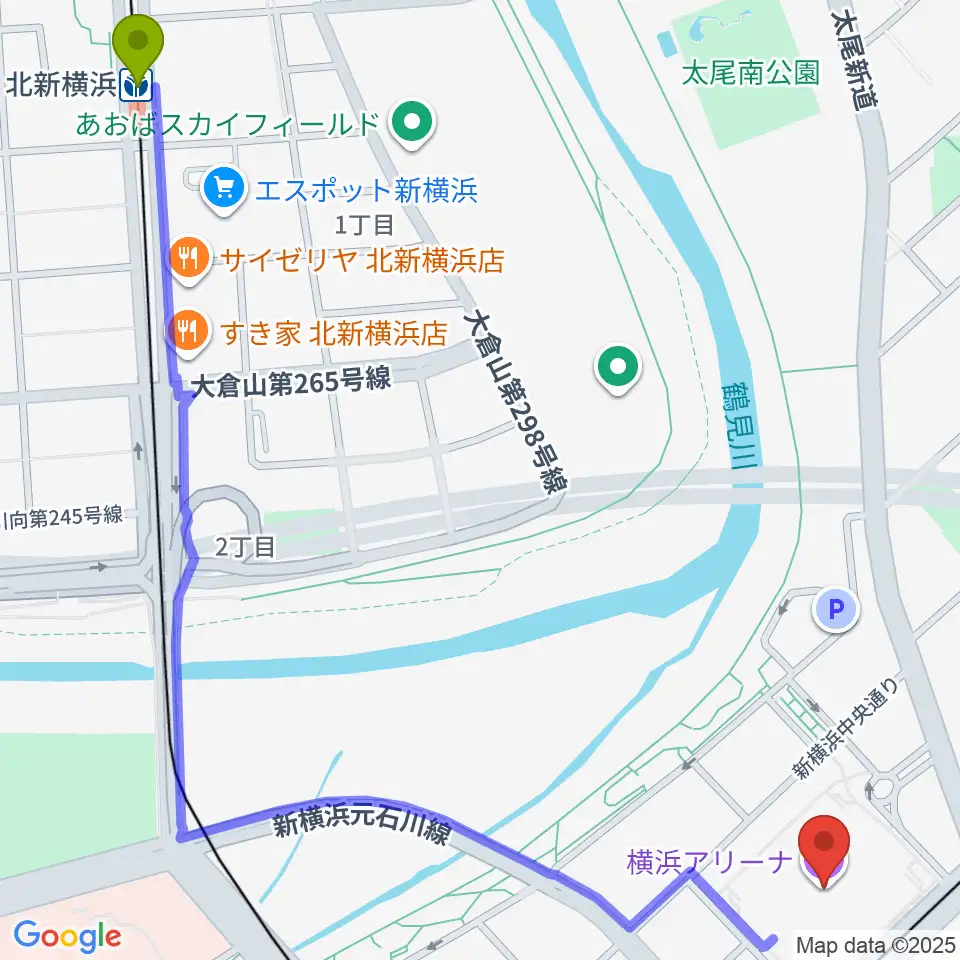 北新横浜駅から横浜アリーナへのルートマップ地図