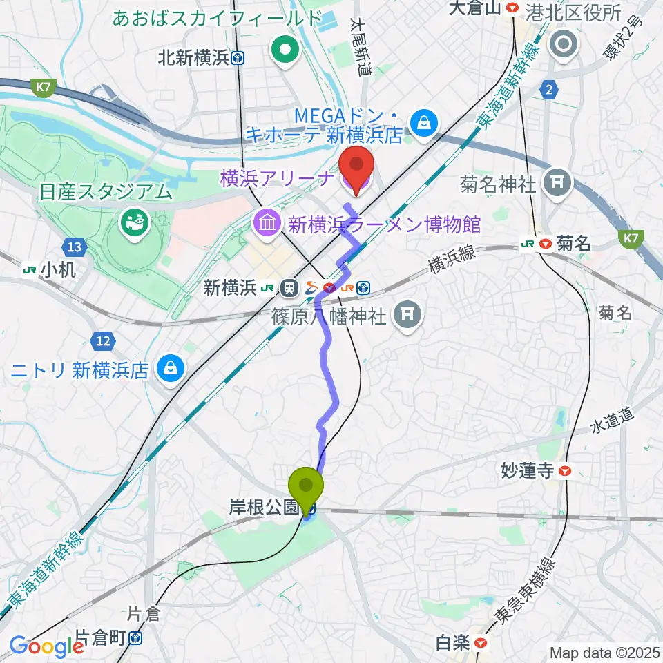 岸根公園駅から横浜アリーナへのルートマップ地図