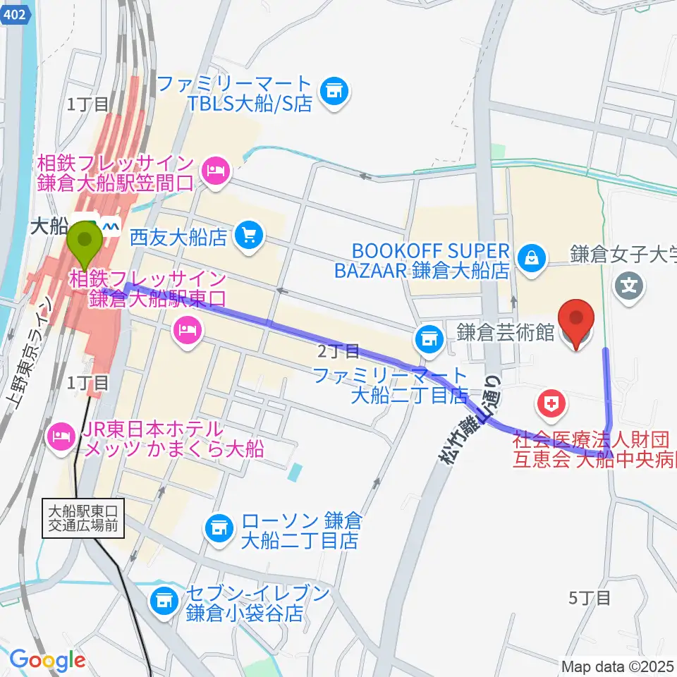 鎌倉芸術館の最寄駅大船駅からの徒歩ルート（約11分）地図